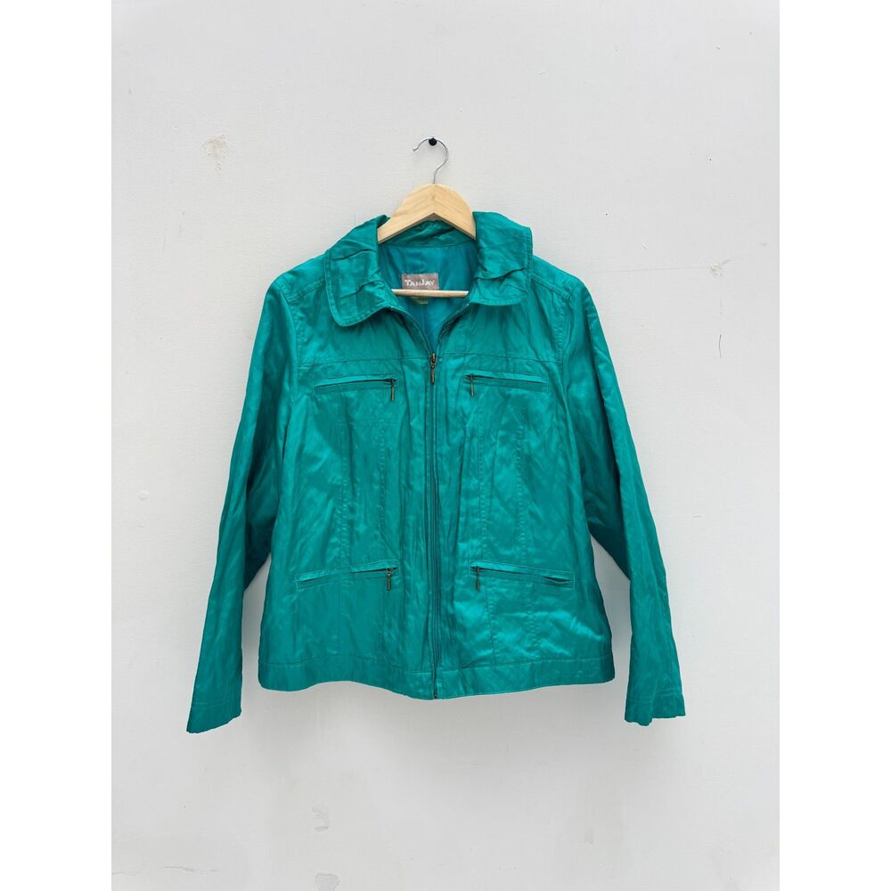 TanJay Teal Zip-Front Utility Jacket Women's Size 14 Metallic Sheen
